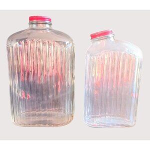 2 Milk Water Antique Vintage Ribbed Glass Bottles With Red Caps Anchor Hocking